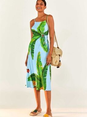 FARM Rio Light Blue Midi Dress with Green Tropical Leaf Print